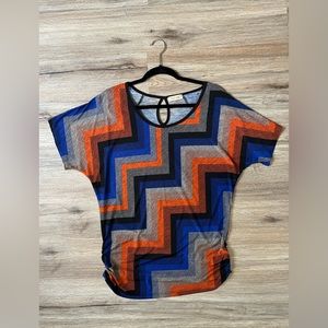 Size is Medium. Zigzag design with colors of blue, orange, and black.